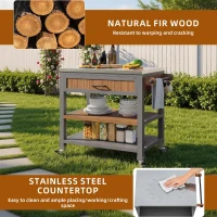 Mobile Wood Tool Cabinet with Stainless Steel Worktop, Weatherproof Barbecue Station for Outdoor Use, 80L x 51W x 91.5H cm, Natural(m-4)