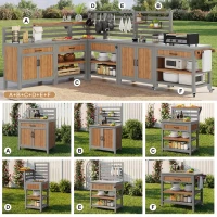 Outdoor BBQ Side Table with Stainless Steel Worktop, Mobile Garden Cabinet with Lockable Castors, 404L x 134.5W x 148.5H cm, Natural(m-7)