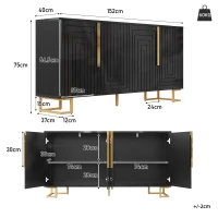 Stylish Sideboard with 2 Doors, 4 Shelves and Geometric Door Design, Durable Cabinet with Slim Metal Feet, 152L x 40W x 75H cm, Black(m-3)