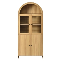 Hoog dressoir met gebogen bovenkant, glazen vitrinedeuren en golvende deurpanelen, veel opbergruimte, geruisarme scharnieren en zwarte handgrepen, spaanplaat, draagkracht 40 kg per plank, geleverd in 2 pakketten inclusief montagemateriaal, 78X40X176 cm, naturel