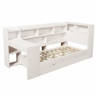 Multi-Functional Single Daybed with Bookcase & Computer Desk, Space-Saving Bed Frame with Ergonomic Desk, 63L x 114W x 100H cm, White(m-13)