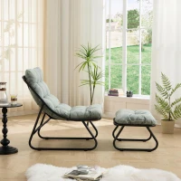 Poltrona lounge da esterno con pouf, cuscino imbottito, tessuto sling, struttura in acciaio, Verde chiaro(m-5)