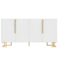 Stylish Sideboard with 2 Doors, 4 Shelves and Geometric Door Design, Durable Cabinet with Slim Metal Feet, 152L x 40W x 75H cm, White(m-2)