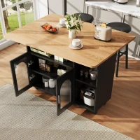 Mobile Kitchen Island with Folding Dining Tops and Storage, Multifunctional Dining Trolley for Modern Homes, 120L x 30-70W x 79.5H cm, Black(m-7)