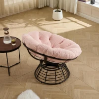 Poltrona Papasan, girevole a 360°, cuscino spesso(tessuto a coste), struttura in acciaio, 92x92x67 cm, Rosa(m-7)