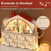 HOMCOM Calendario de Adviento para Rellenar de Madera con Luces LED 24 Cajones y Escena de Pueblo 36x10x34 cm Natural(m-6)