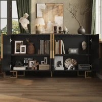 Stylish Sideboard with 2 Doors, 4 Shelves and Geometric Door Design, Durable Cabinet with Slim Metal Feet, 152L x 40W x 75H cm, Black(m-1)