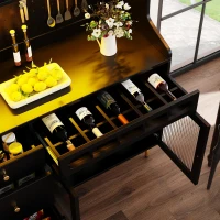 Modern Highboard with LED Lighting & Adjustable Shelves, Freestanding Cabinet with Pull-Out Wine Rack, 145L x 39W x 171H cm, Black(m-8)