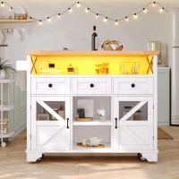 Multifunctional Kitchen Cart with 3 Drawers and 2 Glass-Front Doors, Mobile Kitchen Island with Drop-Leaf Table, 120L x 71W x 98H cm, White(m-1)
