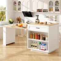 Extendable Bar Table with 2 Compartments and Side Spice Rack, Expandable Kitchen Island for 2–6 People, 133-202L x 70W x 93.5H cm, White(m-4)