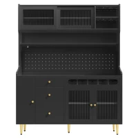 Modern Highboard with LED Lighting & Adjustable Shelves, Freestanding Cabinet with Pull-Out Wine Rack, 145L x 39W x 171H cm, Black(m-10)