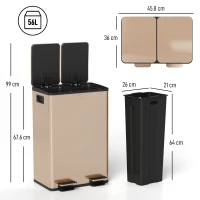 HOMCOM Coș de bucătărie 2 compartimente de 2 x 28 l, oțel inoxidabil, capac cu închidere silențioasă, 45,8x36x67,6cm, auriu(m-3)