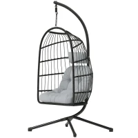 Outsunny Fauteuil Œuf Suspendu Pliable avec Support Coussin 15cm et Appui-tête Gain de Place Résine Tressée 101x105x196cm Gris(m-1)