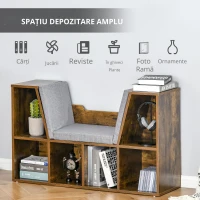 HOMCOM Bibliotecă-bancă 2 în 1 cu perne de șezut, etajeră cub cu 6 compartimente deschise, 102 x 30 x 61 cm, maro rustic(m-5)