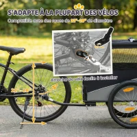 PawHut Remorque Vélo Chien avec Pneus 20", Attache Universelle, Réflecteurs, Drapeau, Laisse, 139x72x88cm, Gris et Noir(m-4)