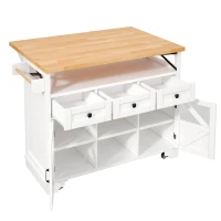 Multifunctional Kitchen Cart with 3 Drawers and 2 Glass-Front Doors, Mobile Kitchen Island with Drop-Leaf Table, 120L x 71W x 98H cm, White(m-2)