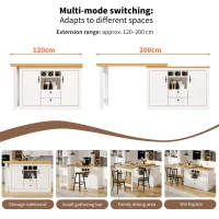 Extendable Bar Table with Smart Pull-Out System, Multifunctional Sideboard with Adjustable Compartments, 120-180L x 40W x 76H cm, White(m-6)