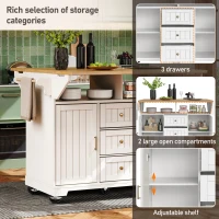 Extendable Kitchen Island with 3 Drawers, 2 Doors & Adjustable Shelves, Versatile Trolley for Prep and Dining, 120L x 40-80W x 95H cm, White(m-4)