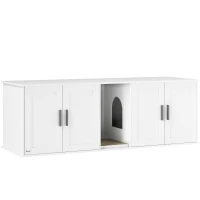 PawHut Cat Litter Box Enclosure, Hidden Kitty Litter Box with Scratching Board, 2 Cabinets, Cat House End Side Table TV Stand for 2 Cats, White(m-1)