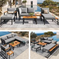 Modular Outdoor Garden Sofa Set with Aluminium Frame, Sturdy Lounge Set with Acacia Wood Coffee Table, 150L x 81.5W x 76H cm, Gray(m-8)