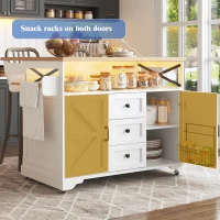Mobile Kitchen Island with Drop-Leaf Table and Multi-Tier Snack Shelves, Serving Cart with App-Controlled LED, 120L x 72W x 98H cm, White(m-4)