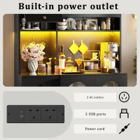 Tall Kitchen Cabinet with Built‑In Power Outlets & 2 USB Ports, Modern Sideboard with App-Controlled LED, 120L x 40W x 176H cm, Black(m-7)