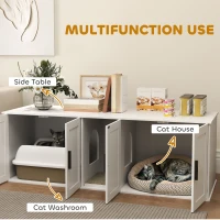 PawHut Cat Litter Box Enclosure, Hidden Kitty Litter Box with Scratching Board, 2 Cabinets, Cat House End Side Table TV Stand for 2 Cats, White(m-4)