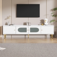 Stylish TV Stand with 2 Glass Doors and Metal Support Legs, Sturdy TV Cabinet for Living Room or Bedroom, 170L x 35W x 50H cm, White