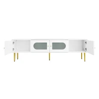 Stylish TV Stand with 2 Glass Doors and Metal Support Legs, Sturdy TV Cabinet for Living Room or Bedroom, 170L x 35W x 50H cm, White(m-14)