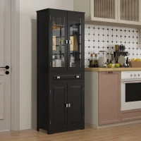 HOMCOM Buffet haut armoire de cuisine 4 portes dont 2 portes vitrées et 1 tiroir hauteur 160 cm avec étagères en bois noir(m-2)
