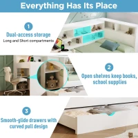 Multi-Functional Single Daybed with Bookcase & Computer Desk, Space-Saving Bed Frame with Ergonomic Desk, 63L x 114W x 100H cm, White(m-5)