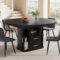 Extendable Dining Table with 3-Tier Hidden Storage and Oval Extension, Round Kitchen Table for 6 People, 118-158L x 118W x 77H cm, Black(m-8)