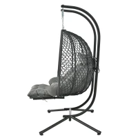 Eiförmiger Hängesessel mit Ständer, Schaukelstuhl mit verstellbarer Fußstütze, Gartenhängstuhl mit Sitzauflage & Kissen, 140 x 94 x 197 cm, Grau(m-11)
