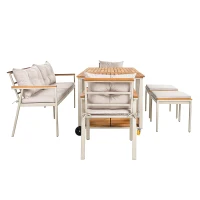 Set tavolo e sedie da pranzo per giardino 6-7 posti, mobili da giardino con poltrone e carrello portavivande rimovibile, Beige+Colore naturale(m-16)