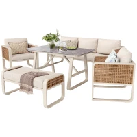Modular Garden Lounge Set with Thick Elastic Foam Cushions, Versatile Garden Sofa Set with Glass Side Table, 178L x 61W x 76H cm, Beige(m-15)