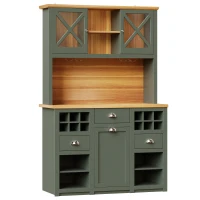 Tall Kitchen Cabinet with Glass Doors and LED Lighting, Versatile Sideboard with Adjustable Shelves, 120L x 45W x 188H cm, Antique Green(m-12)