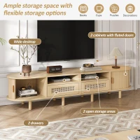 Modern TV Stand with 2 Drawers, 2 Sliding Doors & 8 Solid Wood Legs, Versatile Cabinet with Rounded Corners, 170L x 40W x 40H cm, Oak(m-4)