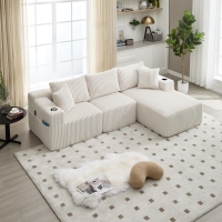 Modular L-Shaped Sectional Sofa with High-Resilience Foam, Plush Corduroy Chaise Lounge for 3 People, 257L x 160W x 80H cm, Beige
