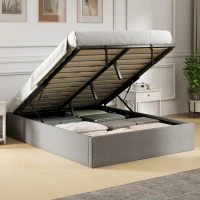 HOMCOM Lit coffre 140 x 190 cm, cadre de lit double rembourré, sommier à lattes en bois, rangement caché, sans bruit, gris(m-2)