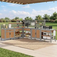 Outdoor BBQ Side Table with Stainless Steel Worktop, Mobile Garden Cabinet with Lockable Castors, 404L x 134.5W x 148.5H cm, Natural(m-1)