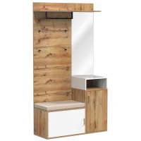Garderoben-Set mit Spiegel, Sitzbank, 2 Schuhfächern, Haken und Garderobenstange, 105 x 40 x 190,5 cm, Weiß+Naturfarbe(m-7)