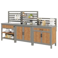 Outdoor BBQ Side Table with Stainless Steel Worktop, Mobile Garden Cabinet with Lockable Castors, 404L x 134.5W x 148.5H cm, Natural(m-15)
