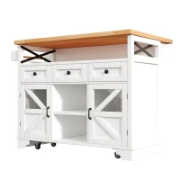 Multifunctional Kitchen Cart with 3 Drawers and 2 Glass-Front Doors, Mobile Kitchen Island with Drop-Leaf Table, 120L x 71W x 98H cm, White(m-12)