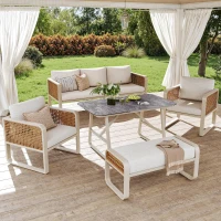 Modular Garden Lounge Set with Thick Elastic Foam Cushions, Versatile Garden Sofa Set with Glass Side Table, 178L x 61W x 76H cm, Beige(m-1)