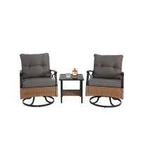 Outdoor-Dreh-Schaukelstuhl-Set, Set 3 Stück mit 1 Tisch und 2 Schaukelstühle, 360° Dreh- und Schaukelfunktion, Braun+Grau(m-1)