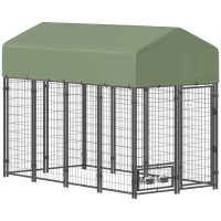 PawHut Recinto per Cani da Esterno in Acciaio con Tetto in Tessuto Oxford, Anti-UV, Impermeabile, 2 Ciotole, Verde(m-1)