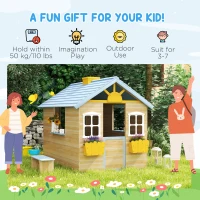 Outsunny Wooden Playhouse, Wendy House w/ Door, Bench, Flowerpot Holder, For Ages 3-7 Years, Blue(m-4)