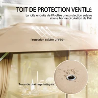 Outsunny Tonnelle de Jardin Pavillon Structure Stable en Métal 60mm Protection UV50+ et 10 Trous de Drainage 394x294x255cm Khaki(m-5)