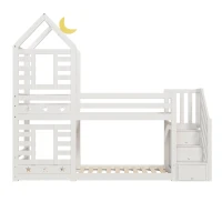 Cabin-Style Bunk Bed with Staircase Storage and Under-Bed Drawers, Stylish Bed Frame for Child's Room, 235L x 97W x 217H cm, White(m-2)