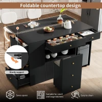 Adjustable Kitchen Island with 2 Stools, 6-Drawer and Generous worktop, Versatile Sideboard with Open Shelves, 140L x 40W x 89H cm, Black(m-4)